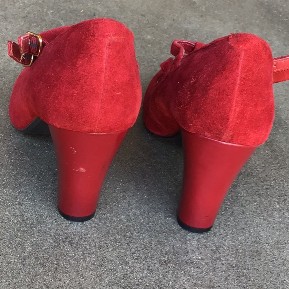 Red Suede Ruffled T Strap Heels - Picture 3 of 5